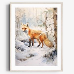 Watercolor Floral Red Fox Portrait Wall Art Illustration Print Poster Unframed